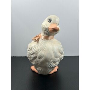 Vintage Ceramic Duck Figurine Peach Ribbon Accent Whimsical Home Decor